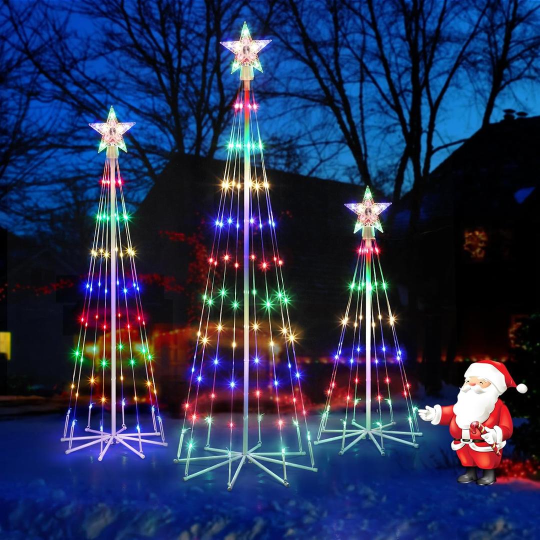 PINPON 3 Pack 3'+4'+5'Multicolor Christmas Cone Tree Light Animated Outdoor Christmas Tree Light Show with 8 Modes Light Up Artificial Christmas Tree for Lawn Porch Indoor Outdoor Decoration