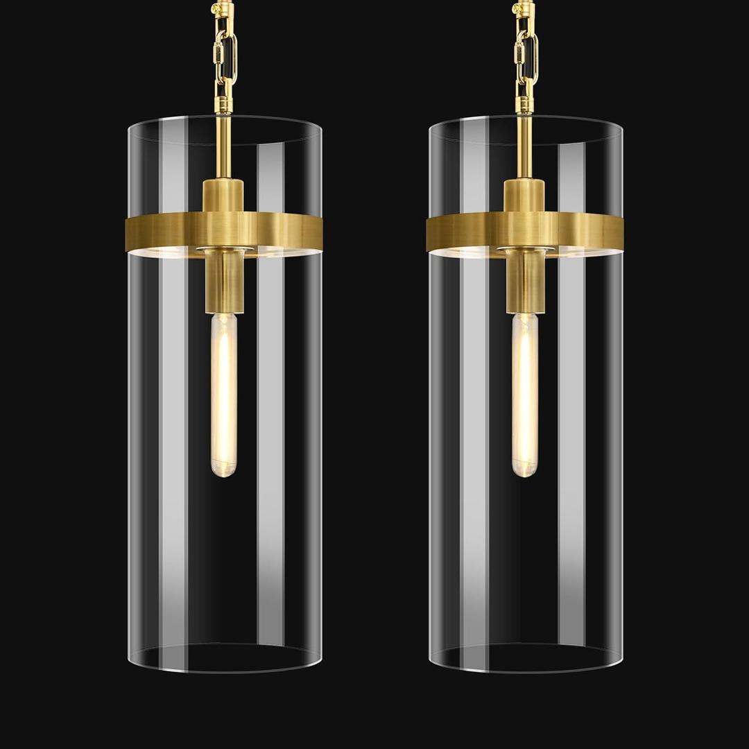 Modern Brass Large Glass Kitchen Island Pendant Light,6'' Brass Clear Adjustable Island Pendant Lights,1 Light Indoor Pendant Light, for Kitchen Dining Bathroom (2-PC-Brass)