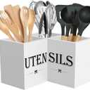 Suli Extra Large Kitchen Utensils Holder with 3 Compartments,Corner Utensil Caddy for countertop,Wooden Utensil Organizer for Kitchen Countertop, Farmhouse Decor- White