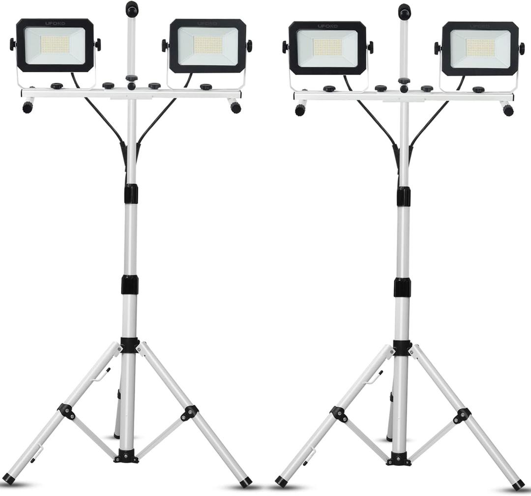 UFOND 10000 Lumen LED Work Light with Stand, Dual Head Work Light, Waterproof Lamp with Individual Switch, Adjustable Metal Telescoping Tripod with Power Cord 2 Pack