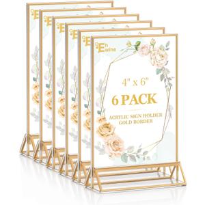 EHWINE 6 Pack Acrylic Sign Holder 4 x 6, Double Sided Gold Picture Frame Stand up Table Top Sign Holders, Clear Display Stand Menu Flyer Holder for Wedding Party