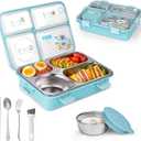 Stainless Steel Adult Lunch Box, 28.7oz 4-Compartment Cute Bento Box Kids Snack Containers with 5oz Soup/Condiment Cup, Food Storage Containers With Utensils and Small Cleaning Brush Set - Blue