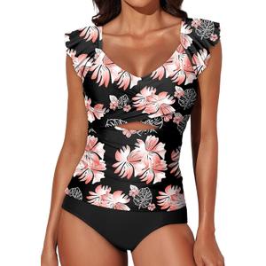 Aleumdr Two Piece Tankini Swimsuits for Women Cutout Tummy Control Bathing Suit Ruffled V Neck Tank Tops with Bottom (Black, XL)