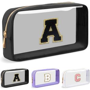 UIXIZQ Personalized Initial Letter Clear Makeup Bag,Preppy Small Nylon&PVC Cosmetic Zipper Bag with Chenille Letter,Travel Skincare Toiletry Bag,Monogram Christmas Gift for Teen Girls Women,A