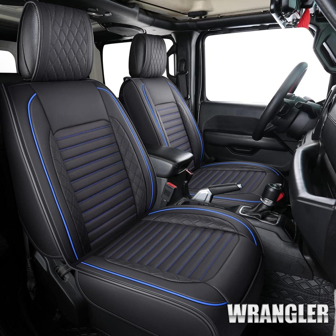 Aierxuan Seat Covers Compatible with Jeep Wrangler 2007-2025 4door JK JL Rubicon EcoDiesel Unlimited Altitude Luminator Concept Pickup Truck Waterproof Leather Full Seat car Cushions Black-Blue