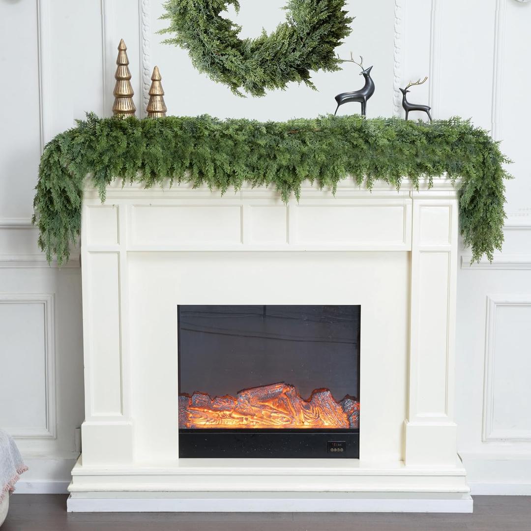 6ft Double Fullness Christmas Cedar Garland Artificial Realistic Thick Soft Green Faux Winter Greenery Pine Garlands for Fireplace Mantel Table Doorframe Indoor Outdoor Xmas Holiday Decoration