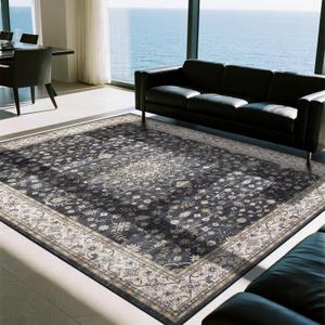 Srugn Washable Rugs 8x10 Area Rugs for Living Room,Rugs for Bedroom,Large Carpets,Ultra Soft Faux Wool Retro Dining Room Rug,Non Slip&Non-Shedding Low Pile Vintage Print Rug for Home Office-Black