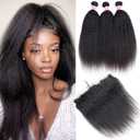 Odir Kinky Straight Bundles With Frontal Brazilian Human Hair 14 16 18+12 Inch Unprocessed 9A Yaki Straight Virgin Hair 3 Bundles With 13x4 Lace Frontal Ear to Ear Remy Hair Extensions Natural Color