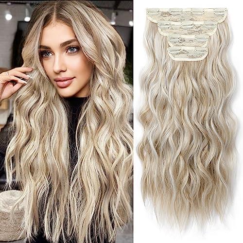 REECHO Hair Extensions, 4PCS Clip in Hair Extensions HE001 Natural Soft Synthetic Hairpieces for Women, Ash Blonde with Blonde Highlights