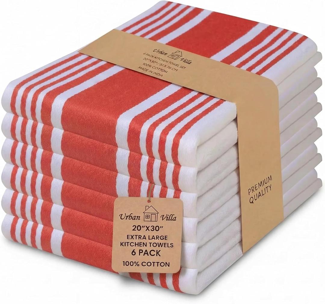 Urban Villa Kitchen Towels 100% Cotton Dish Towels for Kitchen (Set of 6) 20x30 Dish Cloths Highly Absorbent Kitchen Linen Set with Hanging Loop Perfect for Drying Dishes Cleaning Towels-Red White