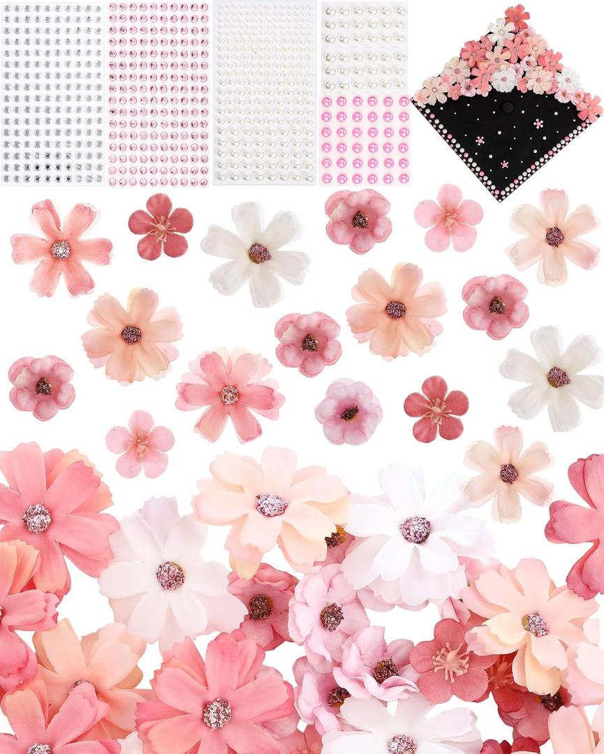 Giegxin DIY Graduation Cap Decorations Kit - 160 Mini Faux Flower Heads & 6 Pearl Rhinestone Stickers, Artificial Fabric Flowers for DIY Grad Hat Topper, Wedding Garland & Crafts(Pink Series)