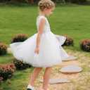 Flower Girl Dress Half Sleeves Lace Top Tulle Skirt Girls Birthday Wedding Party First Communion Dresses (White, S)