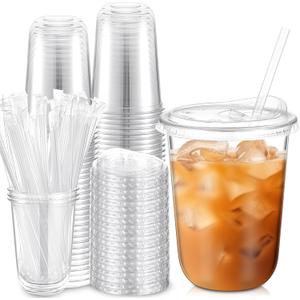 Ziliny 50 Pack 16 oz Clear Plastic Cups with Sip Lids & Straws, Disposable PET Crystal Iced Coffee Cups with Lids for Coffee Smoothie, Milkshake, Cold Drinks