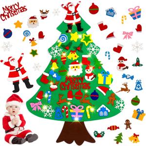 Srkmxzr Felt Christmas Tree for Toddlers, Felt Christmas Tree with Lights 28x40.9 Inch, 38Pcs DIY 3D Wall Hanging Christmas Trees for Toddler Baby Kid Child, Felt Craft Kits for Xmas Party Decor Gift