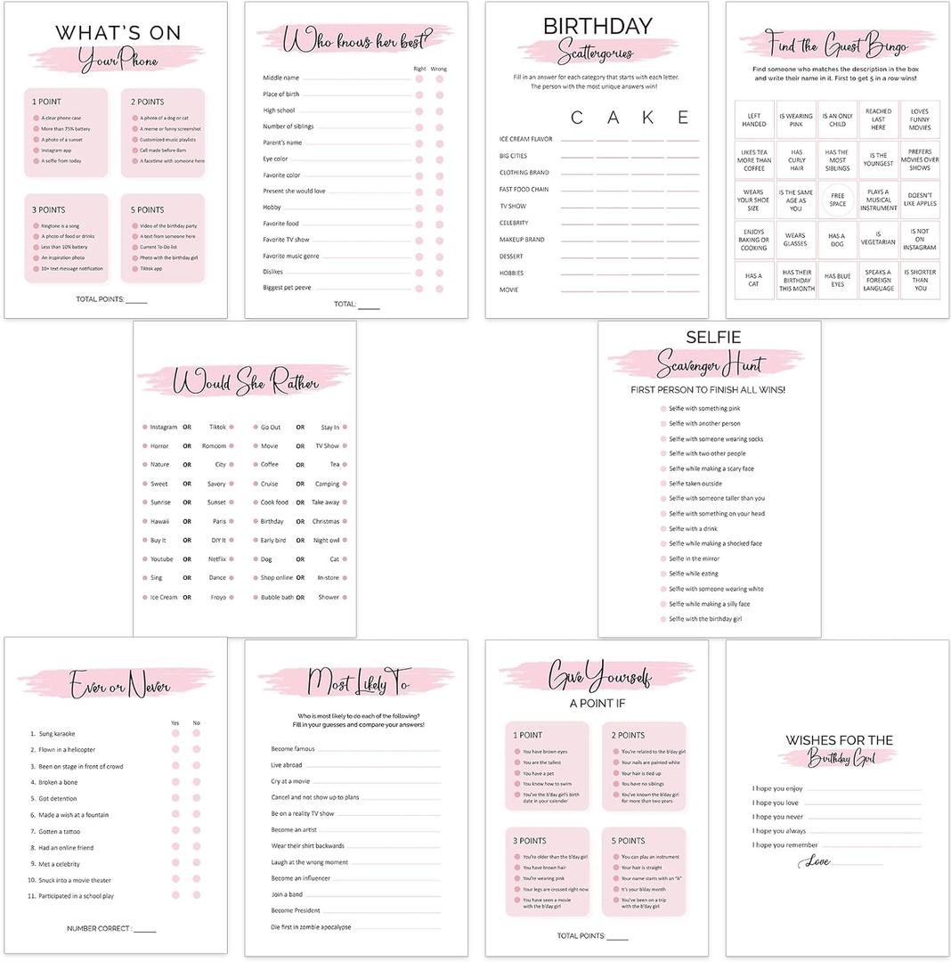 10 Teen Birthday Party Games for Her, Birthday Games Bundle for 20 Guests, Sweet 16 Party Games, Teenager Bday Party Supplies