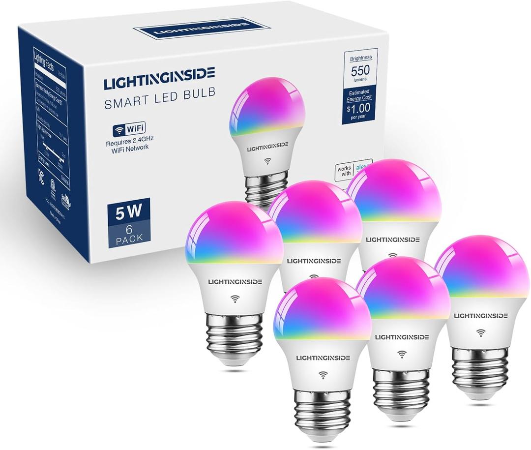Lightinginside E26 Smart Light Bulbs 50W Equiv., G16.5 A15 RGBCW Small Chandelier Ceiling Fan Smart Bulb Works with Alexa/Google Home/Smart Life, 5W 550LM, 2.4G WiFi Bluetooth Bulb, ETL Listed, 6PCS