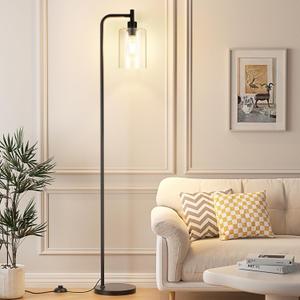Industrial Floor Lamp with Glass Shade - Black, LED Bulbs, Foot Pedal Switch, Easy Assembly (Clear-Black)
