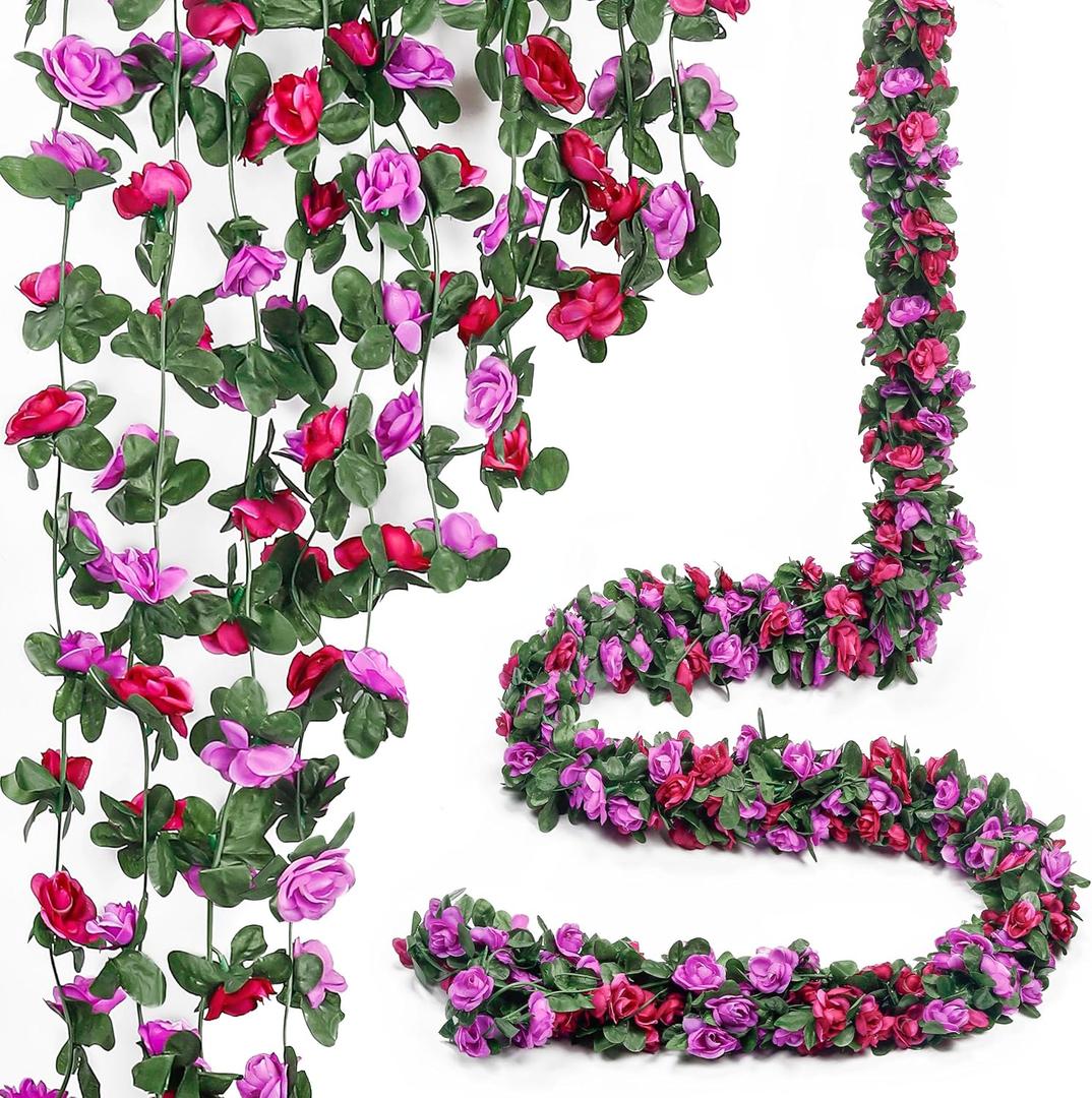 Miracliy 5Pcs 41FT Purple Flower Garland Artificial Rose Arch Vines Fake Spring Floral Garland for Flower Wall Backdrop Wedding Mothers Day Garden Tea Party Decoration