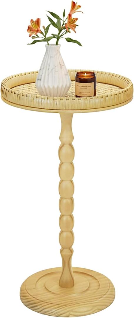 Drink Table,21" H Rattan Small Side Table with Solid Wood Leg Stand, Boho Accent Cocktail Tables for Small Spaces, Round End Table for Living Room, Bedroom and Corners