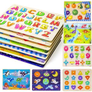 GRINNNIE Toddler Puzzle for 2 3 4 Years Old, 7PCS Montessori Kids Wooden Peg Puzzle Set (Dino Animal Shape Number Fruit..), Preschool Learning Puzzles Toy Gift for Boys Girls Birthday