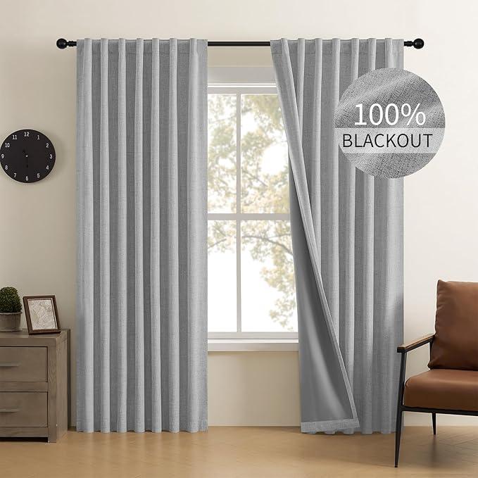 CUCRAF Linen 100% Blackout Curtains 90 Inch Length 2 Panels Set, Back Tab and Rod Pocket Curtain for Living Room Bedroom, Room Darkening Window Drapes Thermal Insulated, (37x90 inch, Light Grey)