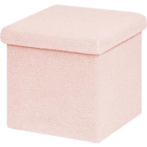 B FSOBEIIALEO Small Storage Ottoman Cube Sherpa Ottomans Foot Rest, Foldable Boucle Ottoman, Faux Teddy Fur, Pink 12.6"x12.6"x12.6"