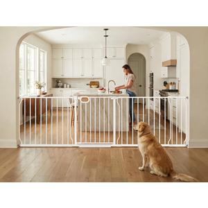 Baby Gates Extra Wide for Large Opennings with Door Pressure Mounted 85.5-90.6 Inch Extra Wide Baby Gate Dog gate for Doorways Indoor Metal Gate No Drilling with Walk-Through Door,White