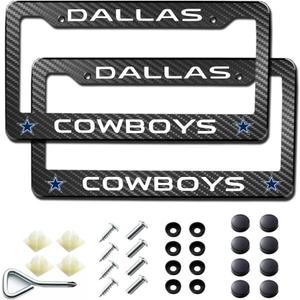 2Pack Carbon Fiber License Plate Frames for Cowboys, Black Aluminum Front & Rear Car Tag Holder Cover, Heavy Duty License Plate Bracket Car Accessories
