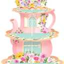 Zopeal 3 Tier Floral Tea Party Cupcake Stand Decoration Spring Vintage Teapot Party Cupcake Holder Talking Party Dessert Tower for Flower Theme Tea Party Baby Shower Princess Birthday Wedding Supplies