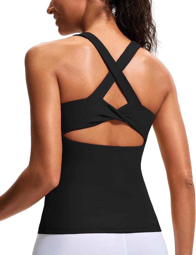 Cross Back Athletic Yoga Tops Workout Tank Top with Built-in Bra for Gym Pilates (Black, L)