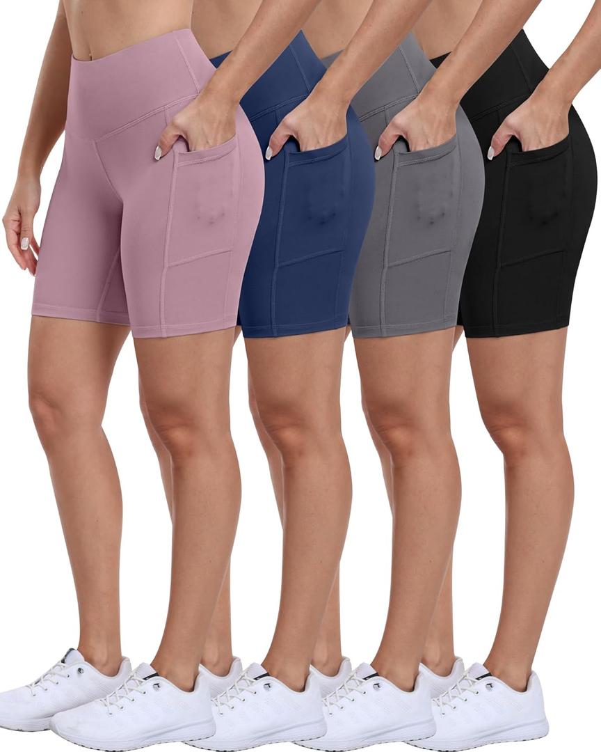Biker Shorts Women with Pockets - 3"/5"/8" High Waisted Workout Spandex Tummy Control Gym Running Yoga Shorts (Large, Black/Gray/Navy/Mauve Pink)