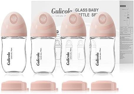 Gulicola Natural Glass Baby Bottle 4 Pack, Newborn Breastfeeding Bottles Set, Extra Slow Flow Nipples (SS), Anti Colic, 0 Months+, 5 oz - Pink