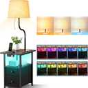 addlon Floor Lamp Side Table with Night Light,Night Stand with Charging Station and LED Bulb, 3-Color Adjustable Lighting Beside Table with 2 Deep Drawers, End Tables Living Room,Bedroom-Black Oak
