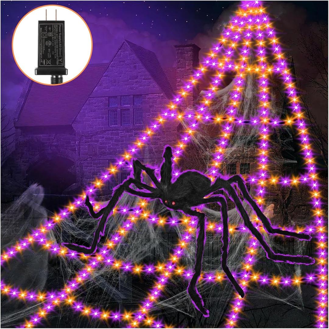 Spider Webs Halloween Decorations Lights - 550 LEDs Outdoor Giant Halloween Decor Lights with16.4ft,4ft Spider,8 Modes,Waterproof&Timer for Yard Porch Garden,Outside Party (with Spider)
