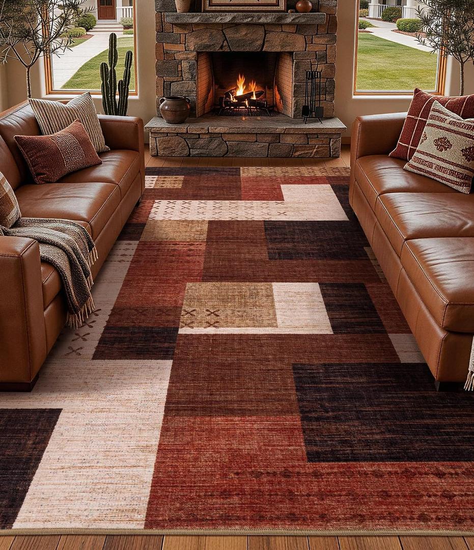 YIHOUSE Modern Washable 8x10 Area Rugs for Living Room, Brown Geometric Patchwork Rug for Bedroom Non Slip, Large Southwestern Tribal Carpet for Playroom Dining Room Home Office Decor