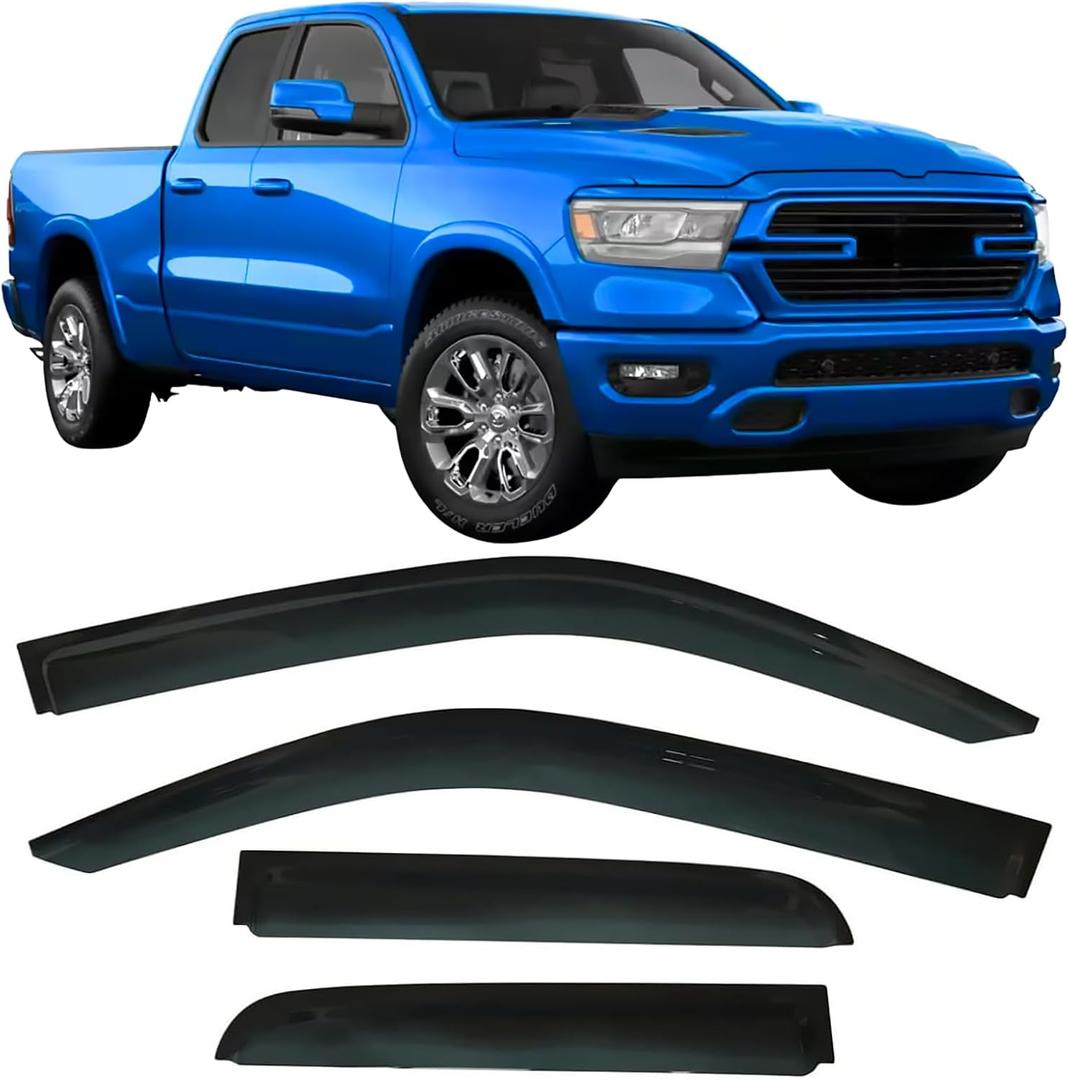 2019-2026 Tape-On Rain Guards for Dodge RAM 1500 Quad cab only Side Window Visor Deflectors Durable Tinted Shades 2019 2020 2021 2022 2023 2024 2025