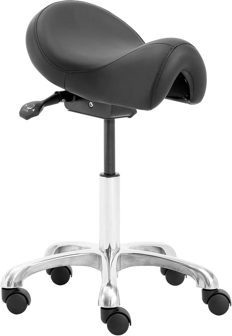Saddle Stool with Wheels, Height Adjustable Ergonomic Rolling Saddle Chair for Salon Tattoo Shop Spa Home Dentist Clinic, Black Saddle Stool