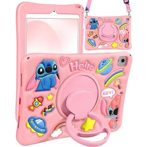JoySolar for iPad mini 5th Case - for iPad mini 4 Case,Soft Silicone Cute Cartoon Tablet Case with Rotating Stand & Detachable Shoulder Strap, Shockproof Tablet case for Kids Girls, Pink