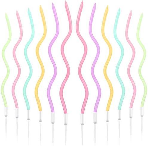 BBTO 12 Pcs Twisted Birthday Candles Spiral Metallic Cupcake Thin Long Cake Candles with Holders for Birthday Wedding Party(Colorful)