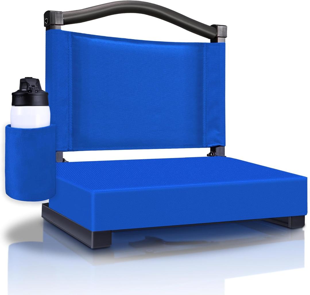 HABUTWAY Stadium Seat with Back Support and Thick Cushion Wide Bleacher Chairs with Back and Cushion Hold up 350lbs Stadium Chair with Shoulder Strap and Pocket (1 PC, Blue)