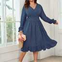 Women's Plus Size Fall Dress Long Sleeve V Neck Smocked Swiss Dot Flowy High Waisted A Line Ruffle Midi Dress (Blue)