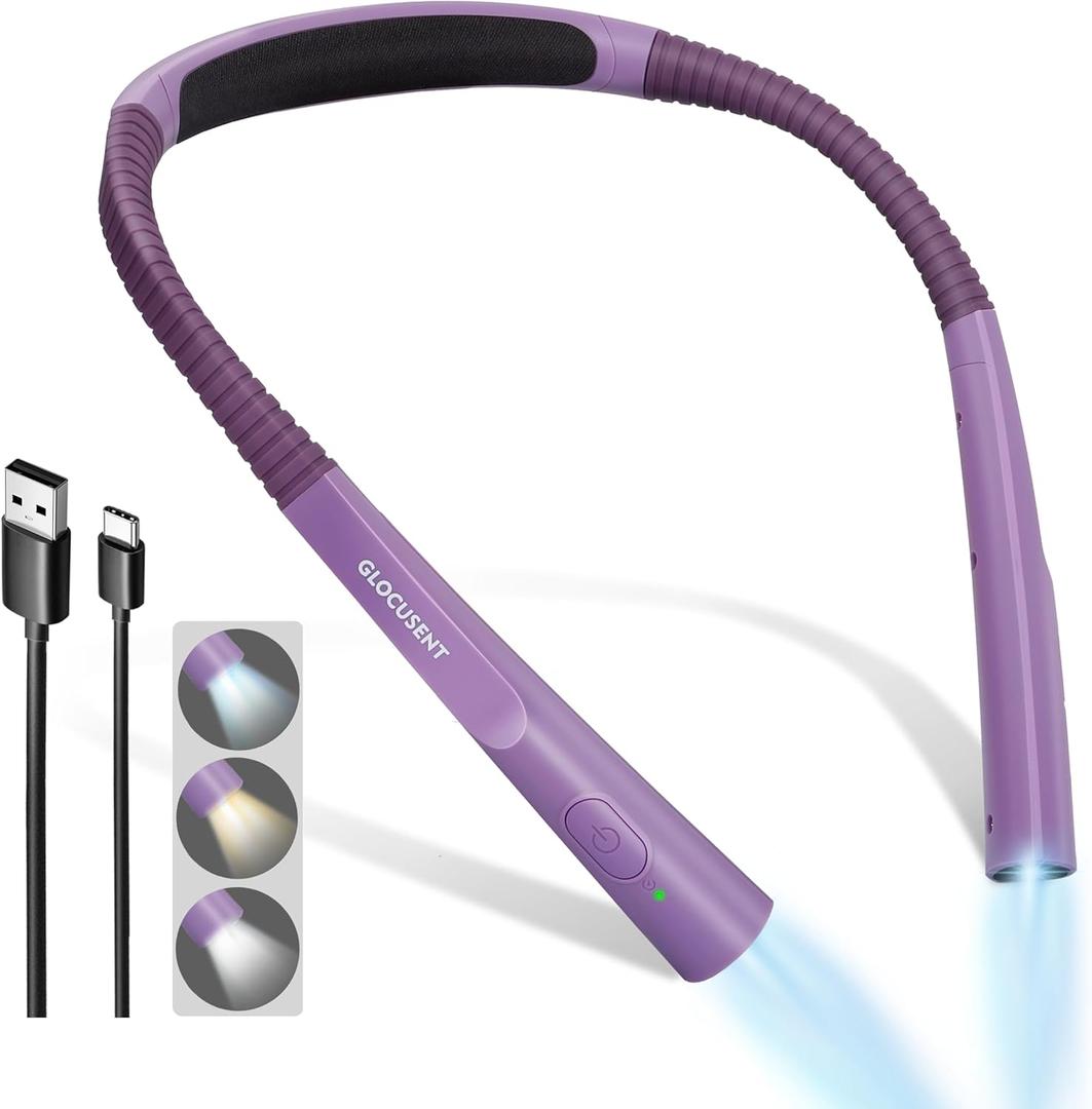 Glocusent Upgraded LED Neck Reading Light, Book Light for Reading in Bed, 30-min Timer, 3 Colors & 3 Brightness Adjustable, Rechargeable & Long Lasting, Perfect for Reading, Knitting (Slim-Medium, Purple)