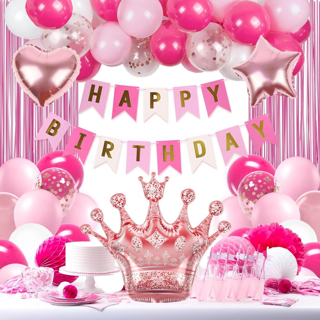 Hot Pink Birthday Decorations for Women with White Hot Light Pink Balloons Banner Fringe Curtains for 21st 25th 27th 30th 35th 40th 50th 60th Happy Birthday Decorations