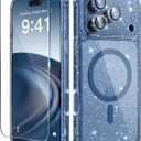 BERFY for iPhone 17 Pro Case for Women, Compatible with MagSafe, Clear Glitter Shockproof Protective Case, Anti-Yellowing, with Screen Protector & 3 Diamond Camera Lens Covers 6.3", Sparkle Blue