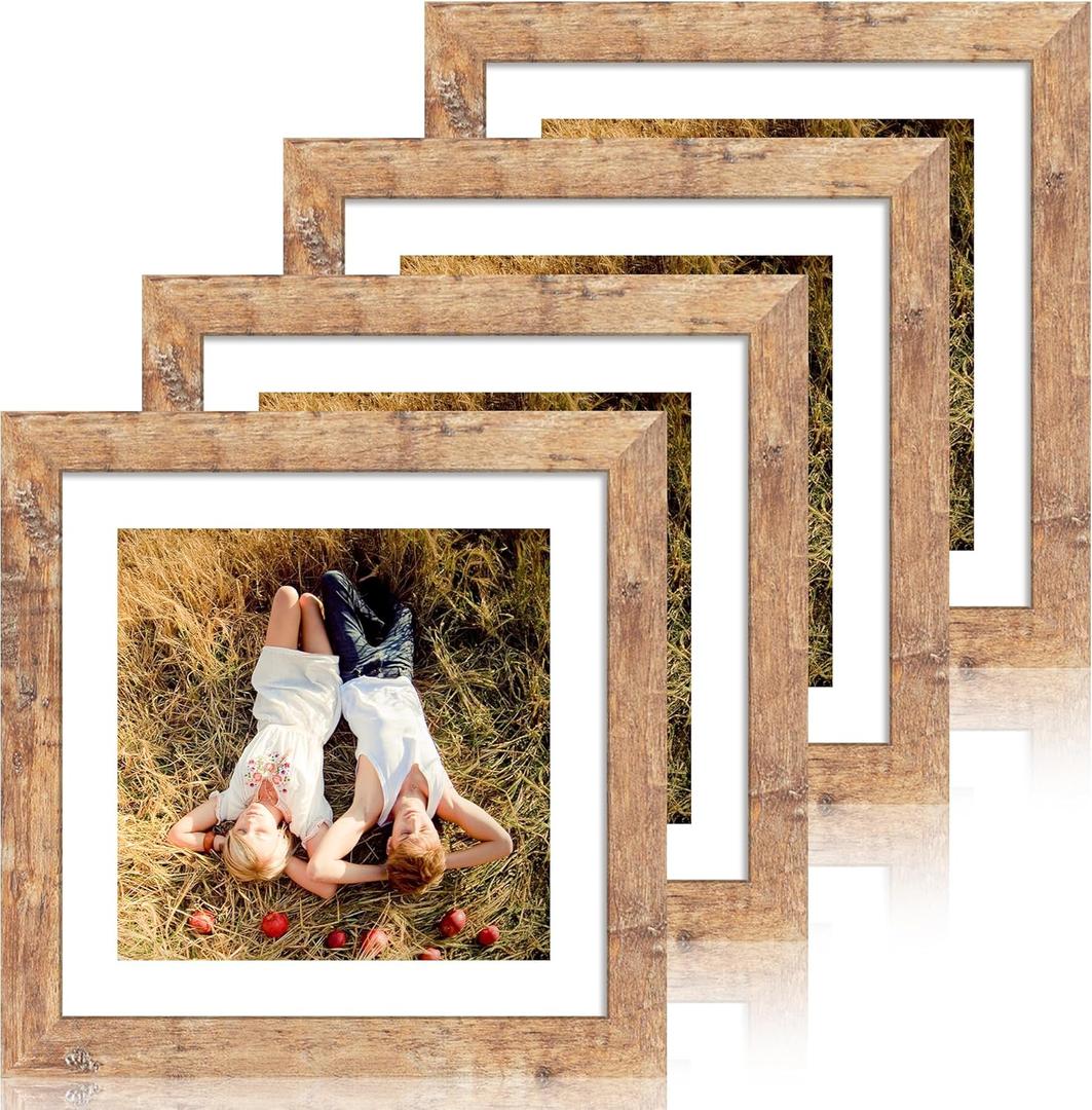 iRahmen 10x10 Picture Frame Set of 4 with Real Glass, Rustic Brown Frames Display 8x8 Picture with Mat or 10 x 10 Without Mat, Wooden Square Photo Frame for Wall Mount and Tabletop Display