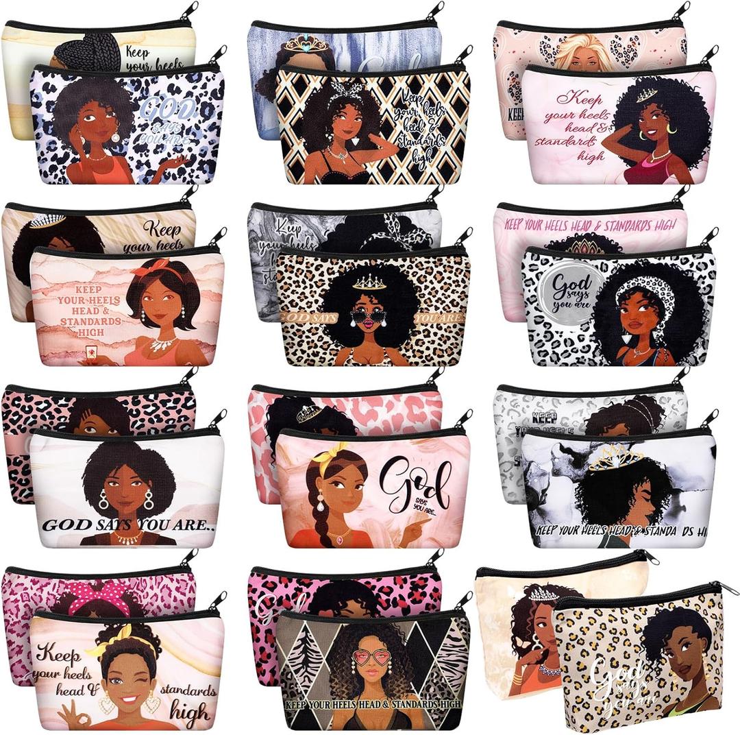Talltalk 24 Pcs African American Black Makeup Bags for Women Toiletry Canvas Zipper Makeup Bags Valentine's Day Women Gifts Cosmetic Pouch Reusable Multipurpose Organizer