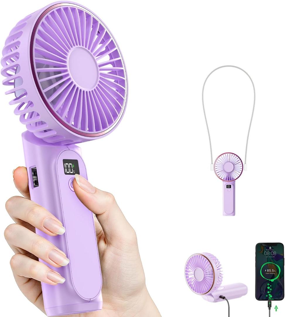 Portable Handheld Fan, 4000mAh, 180 Adjustable, 6 Speed Wind, USB Rechargeable Foldable Fan with Real-Time Electricity Display (Light Purple)