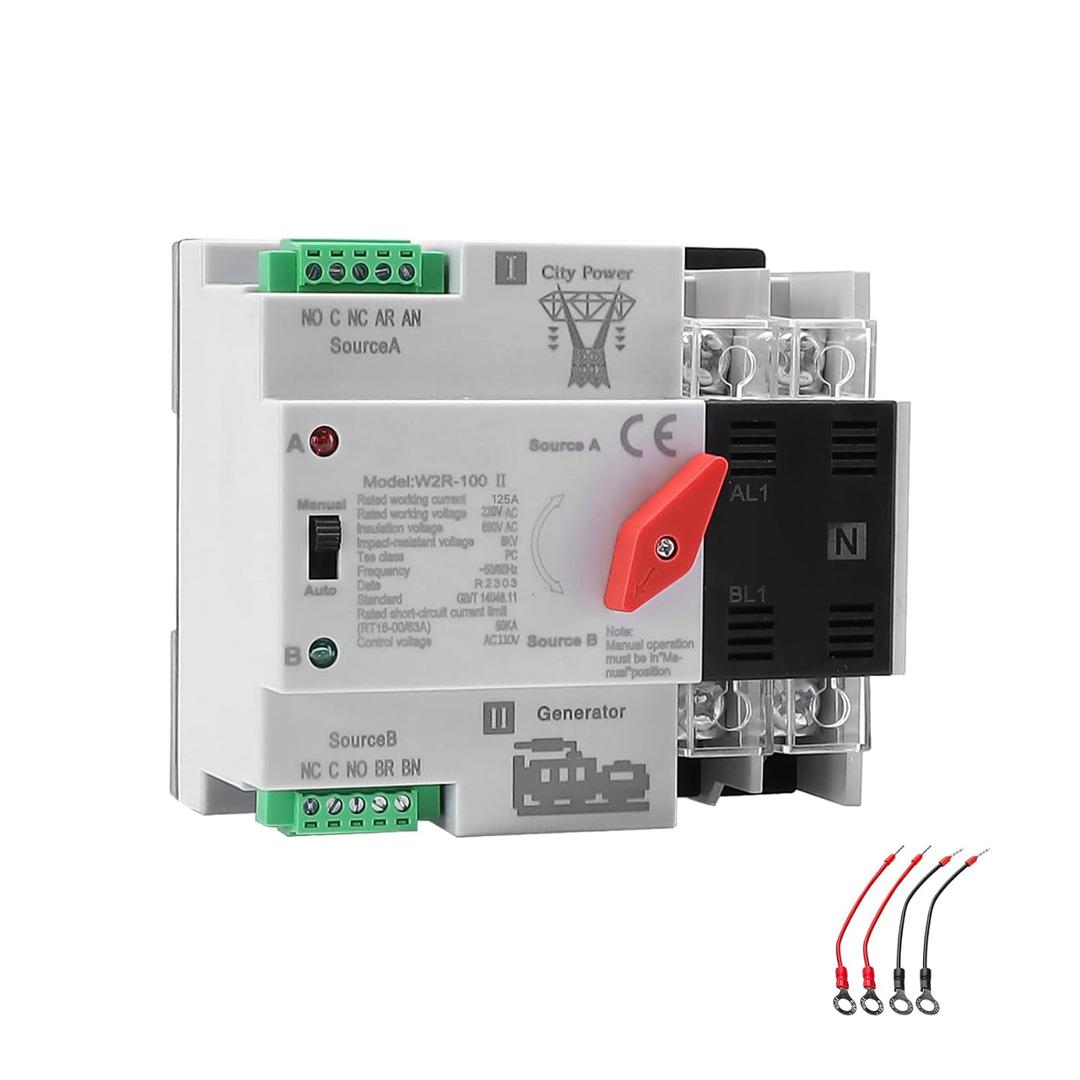 Mini ATS Automatic/Manual Transfer Switch 2P 125A AC110V, 2POLE 125amps ATS Dual Power Transfer Switch for Home Generator,Din Rail Mounted 110V Manual Transfer Switch Fast Transfer
