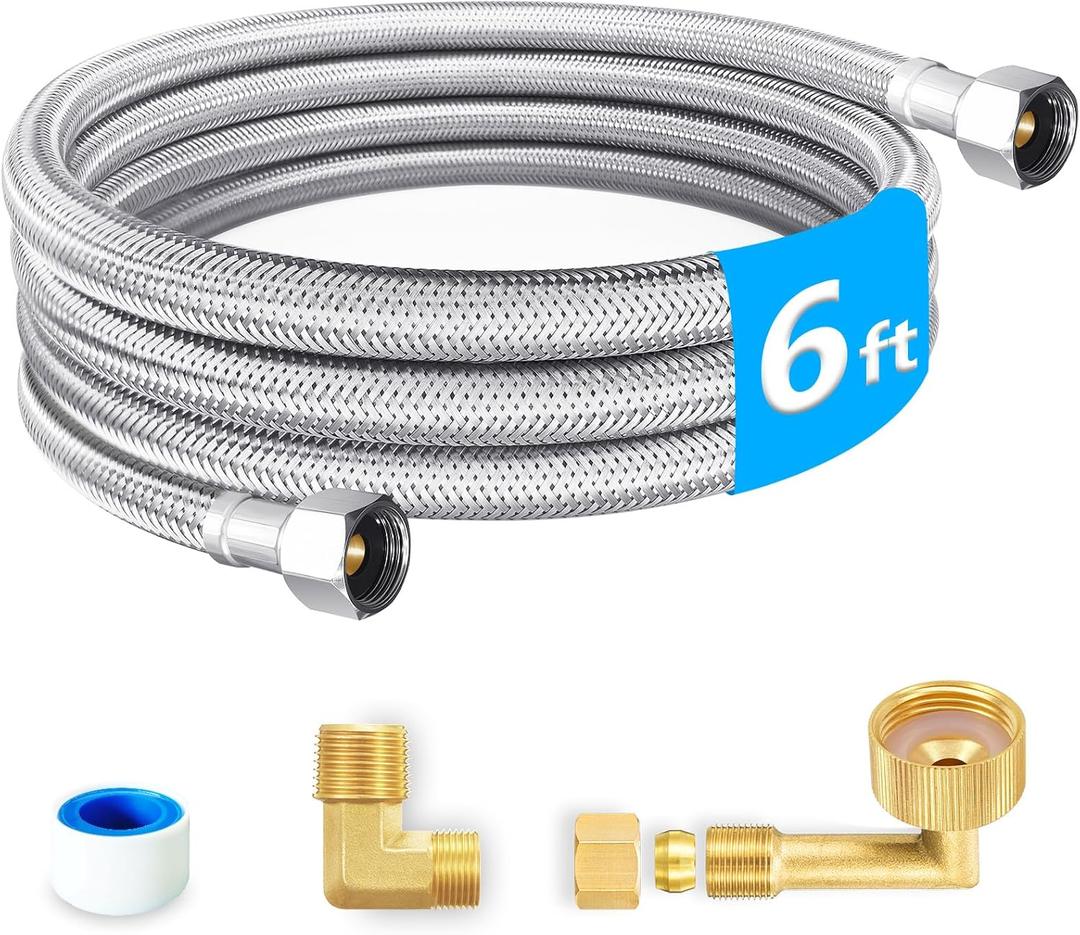 Dishwasher Installation Kit - 6 FT Premium Stainless Steel Braided Dishwasher Hose kit, Food Grade PEX Inner Tube Dishwasher Water Supply Line with 3/8"x3/8"MIP Elbow,3/8"x 3/4" FHT Elbow