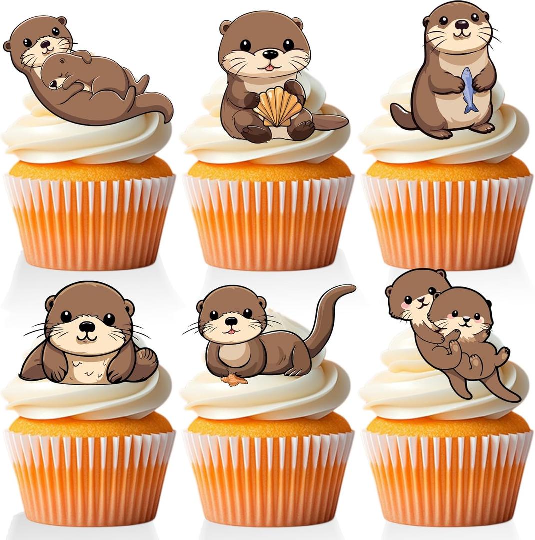 18 PCS Cute Otter Cupcake Toppers for Boys Girls Happy Birthday Baby Shower Animal Cake Decor Picks Sea Otter Birthday Themed Party Decorations